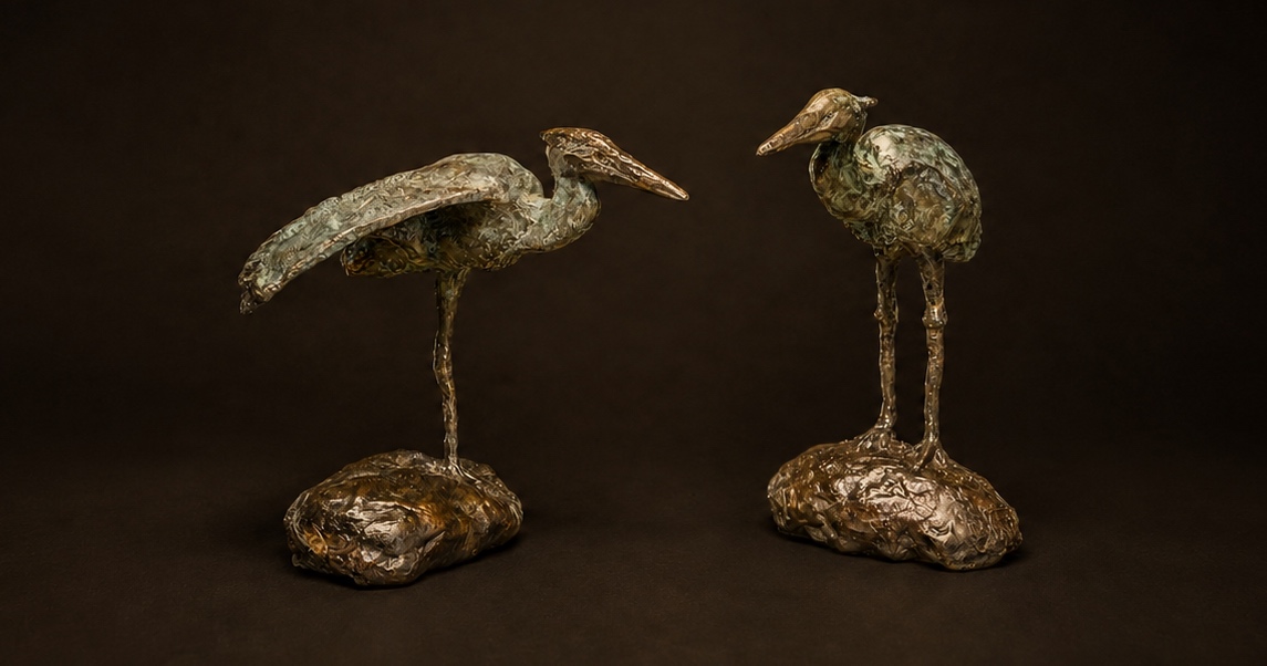A pair of bronze herons on cast stone bases, one stretched low with its wing folded back, the other standing upright, against a dark studio ground