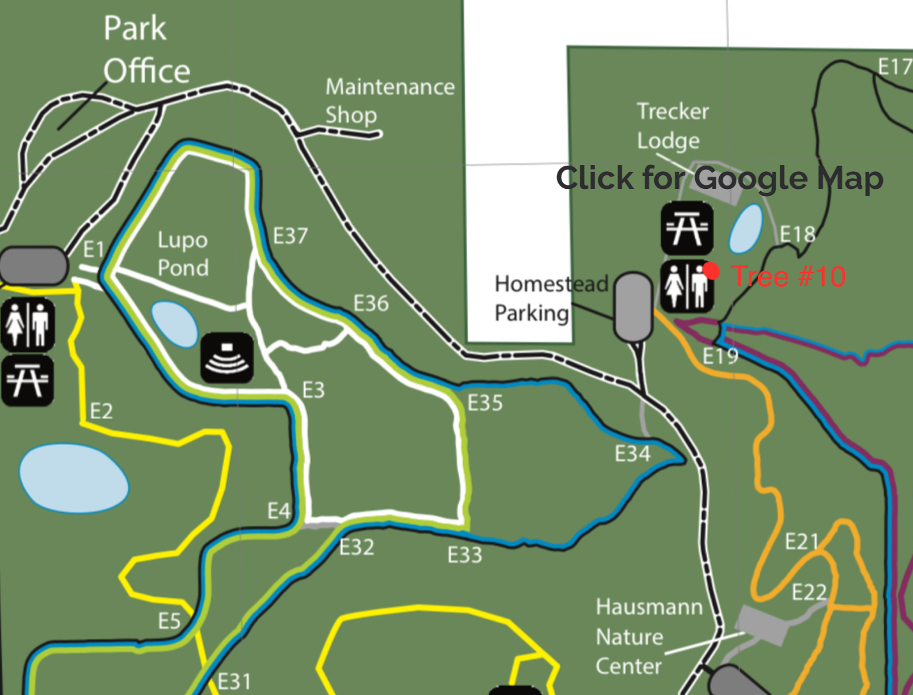 Lapham Peak State Park trail map with Tree #10 marked in red