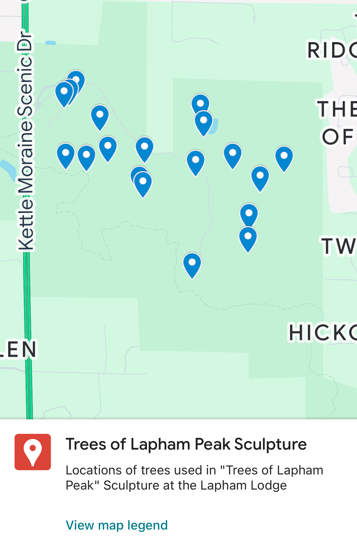 Key showing where each of the nineteen trees stands in the park
